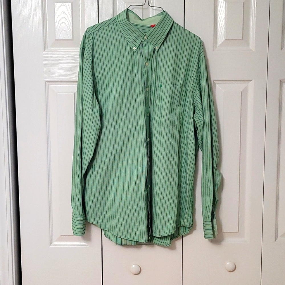 IZOD Casual button down shirt. Large, green, with white and purple stripes
